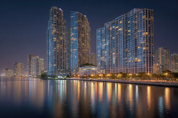 Naklejka premium Luxury city living concept illuminated high rise towers along waterfront reflecting colorful lights at night creating vibrant urban atmosphere with modern architecture