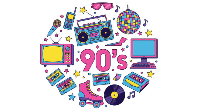 Retro 90's iconic symbols and objects illustration