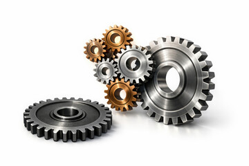 Industrial metal gears and cogs isolated on a clean white background, showcasing mechanical engineering and teamwork concepts for business and technology designs.