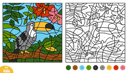 Fototapeta premium Cute toucan on tropical background. Color by number page for kids about birds. Educational activity game for preschool and kindergarten children to learn numbers and colors