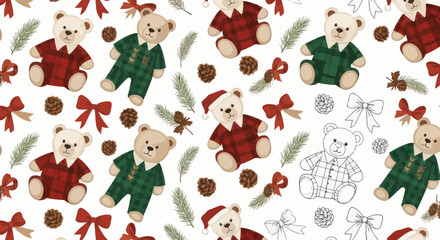 Cute Teddy Bears with Plaid Outfits and Christmas Decorations Seamless Pattern © ahmad