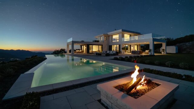 This stunning image showcases a modern villa at twilight, complete with an infinity pool and inviting fire pit. Perfect for illustrating upscale livin