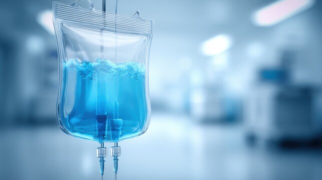 Close-up of a transparent medical IV bag filled with blue liquid, ready for patient infusion in a sterile healthcare environment