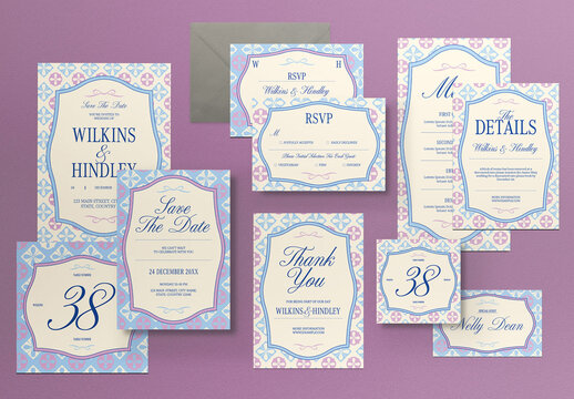 Beige And Blue Elemental Folk Wedding Invitation Set