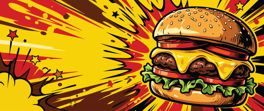 Delicious Cheeseburger Sesame Bun Melted Cheese Lettuce Tomato Pop Art Style