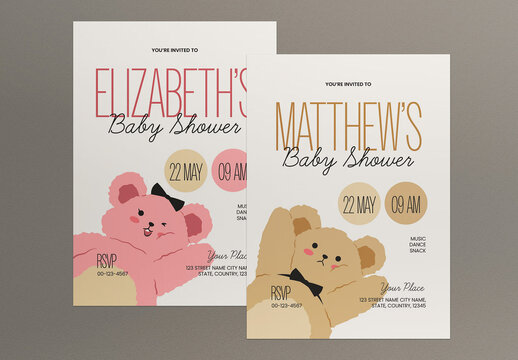 Brown And Pink Handdrawn Boy & Girl Baby Shower Invitation