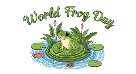 Vector illustration of a green frog sitting on a lily pad surrounded by water lilies and aquatic plants with 'World Frog Day' written above it in a playful font on a white background. © suparta