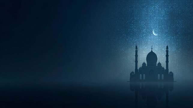 Widescreen presentation background. Islamic geometric pattern. silhouette of mosque. crescent moon above mosque