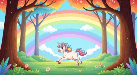 Obraz premium Magical Unicorn Running in Enchanted Forest with Rainbow and Colorful Trees