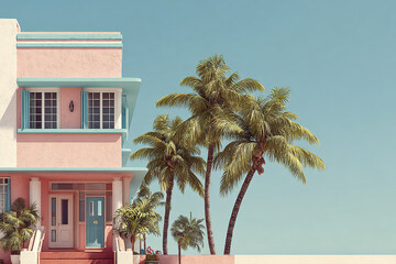 Fototapeta premium Luxury Miami style beachfront hotel with soft pink and turquoise colors, palm trees, and clear blue sky creating calm and inviting tropical atmosphere