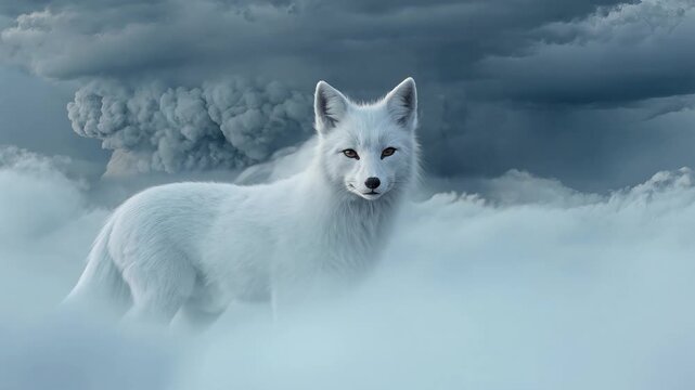 Arctic white wolf standing in snowy landscape with cloudy sky and icy environment viewed from a side angle