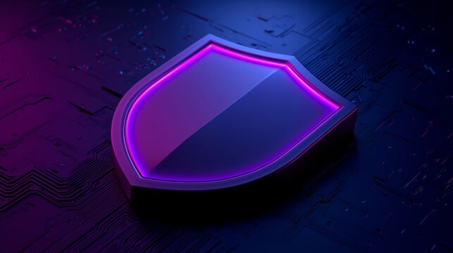 Cybersecurity shield symbol on a dark digital background with purple light