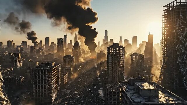 Apocalyptic Cityscape with Burning Buildings and Smoke Plumes at Sunset.