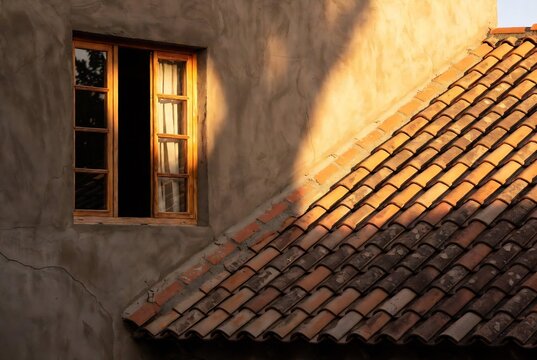 A window on a textured, adobe wall with terracotta tiles under sunlight.
