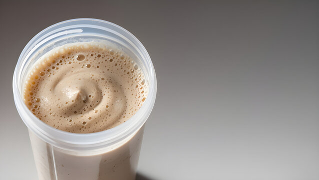Close-up detailed photography of thick protein shake texture inside a transparent shaker cup with copy space