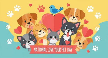 Obraz premium Cute cartoon dogs and cats celebrate national love your pet day with hearts and paw prints