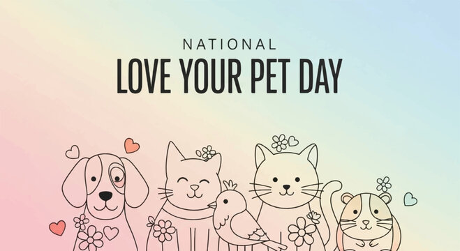 National love your pet day celebration with happy animals dog cat and bunny line art