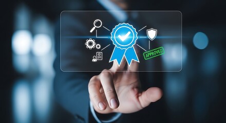 Naklejka premium Businessman pointing to a holographic quality assurance badge with a checkmark, symbolizing certified excellence and approved business standards.
