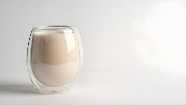vanilla almond protein shake in a clear double-wall glass  on white