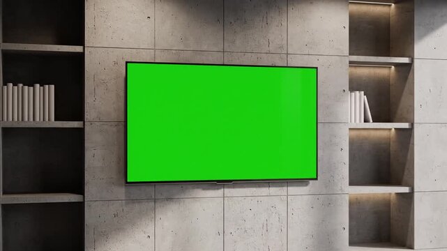 Modern living room with a large green screen television mounted on a concrete wall with shelves on either side