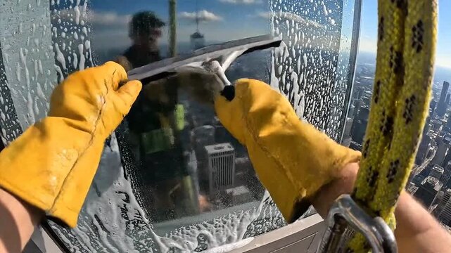High Rise Window Cleaner Working on a Skyscraper with Squeegee.