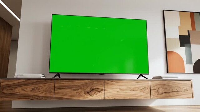 Modern living room with a large television screen displaying a green chroma key for content editing and custom graphics