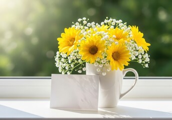 Fototapeta premium Sunflowers and babys breath in white mug on windowsill