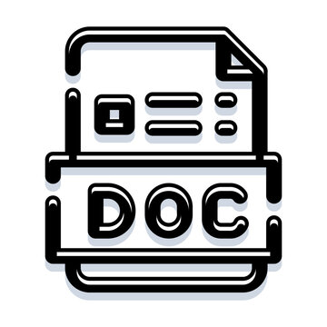 Document file icon representing a common word processing format, clean black and white line art for ui, web design, digital documents, software interfaces, and business workflows