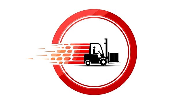 A red circular logo illustration depicting a stylized forklift moving with speed line effects