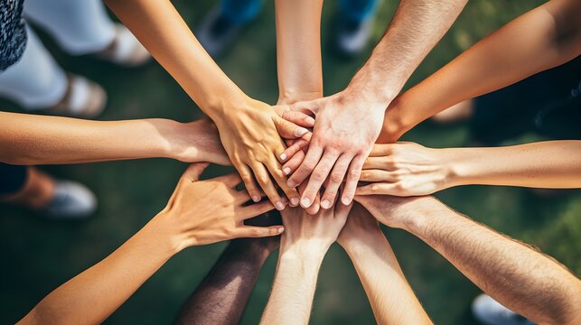 Diverse group of people joining hands in a circle unity