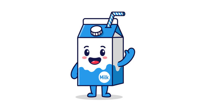 Cheerful animated carton character waving hello with a straw and smiling representing fresh dairy beverage isolated on white background with minimal