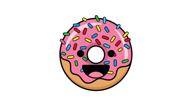 Cartoon donut with pink frosting and colorful sprinkles isolated on white background a sweet treat for dessert or snack time happy