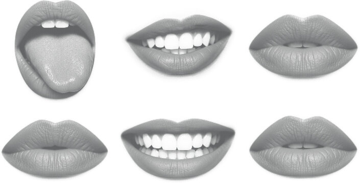 Set of human lips and expressive tongue halftone design concept with black dots texture isolated on white background.