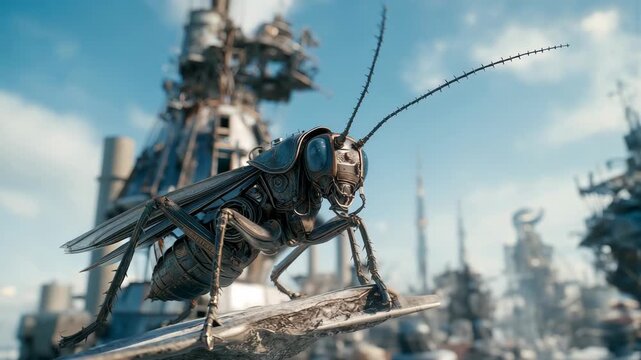 Metallic and mechanical cricket set against a backdrop of complex metal structures is a striking combination of nature and industry in a steampunk style.