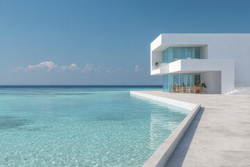 Fototapeta premium Minimal white seaside architecture with glass facade overlooking turquoise calm ocean under clear blue sky, creating peaceful and serene atmosphere by water