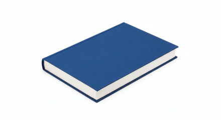 A simple, closed, blue hardcover book lies flat on a plain white background, suggesting knowledge and learning