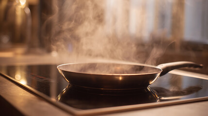Close-up of a heated frying pan with rising steam on a modern black glass-ceramic induction hob in a warm, inviting kitchen setting, ready for culinary activity
