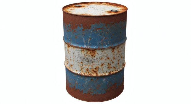 rusted blue and white metal barrel with corrosion, industrial grunge object