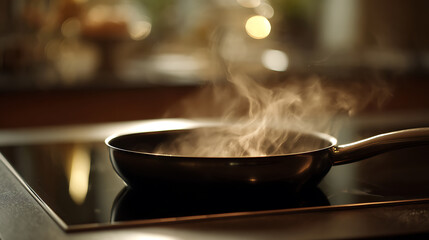 Close-up of a kitchen pan on a black stove with steam rising, warm bokeh background, focus on cooking process and domestic life
