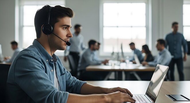 Young male customer service agent wearing a headset interacts with a computer in a busy office setting