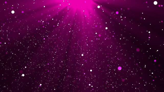 Brightly colored, illuminated by pink rays of light and shimmering particles from above.