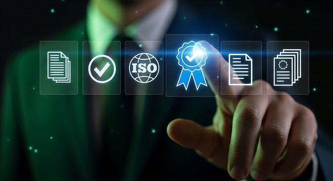Businessman touches screen displaying ISO certification and quality assurance icons.