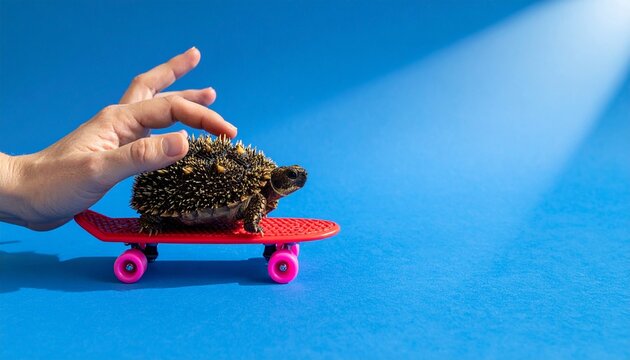 Tortoise on skateboard with playful human interaction