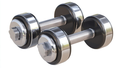 Obraz premium A pair of shiny metal dumbbells on a plain white background for fitness