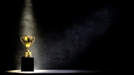 prestige. A polished gold trophy displayed on a velvet pedestal, dramatically lit against a black backdrop. event key visuals, club posters, designed for fitness apps and gym onboarding. 