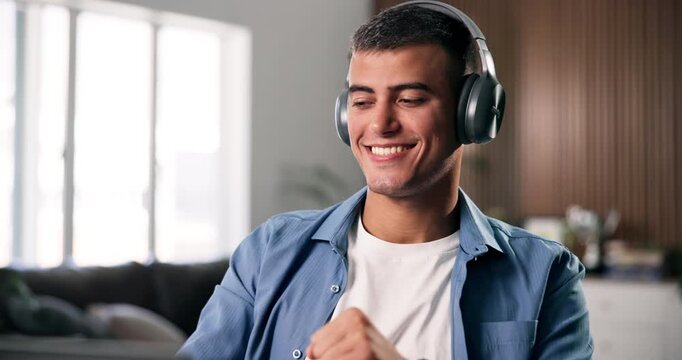 Laptop, dance and businessman in office with headphones for listening to music, radio or album. Computer, audio tech and male person streaming playlist online with creative project at startup.