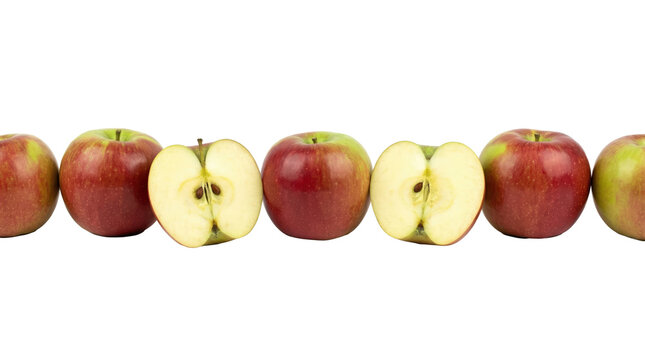 Jonathan Apples in a Row, a Vibrant Display of Whole and Halved Fruits Against a Transparent Backdrop, Showcasing Freshness and Natural Beauty for Healthy Eating Concepts