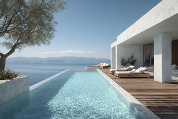 Fototapeta premium Modern seaside residence with infinity pool and wooden terrace featuring lounge chairs, overlooking calm ocean and distant mountains under clear blue sky