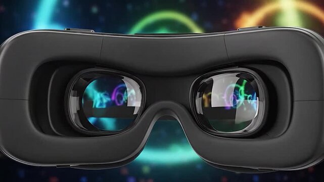 Immersive virtual reality headset displaying colorful abstract digital graphics
