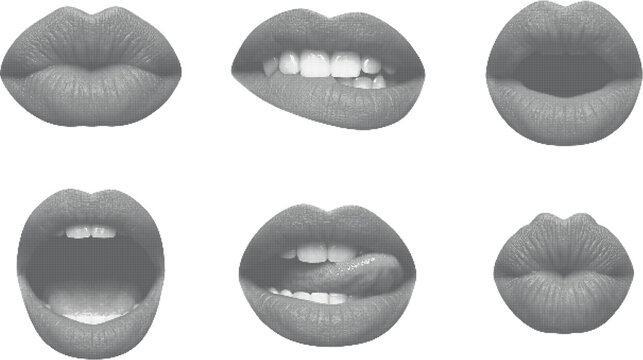 Collection of various female lips halftone design concept with black dots texture and diverse expressions isolated on white background.